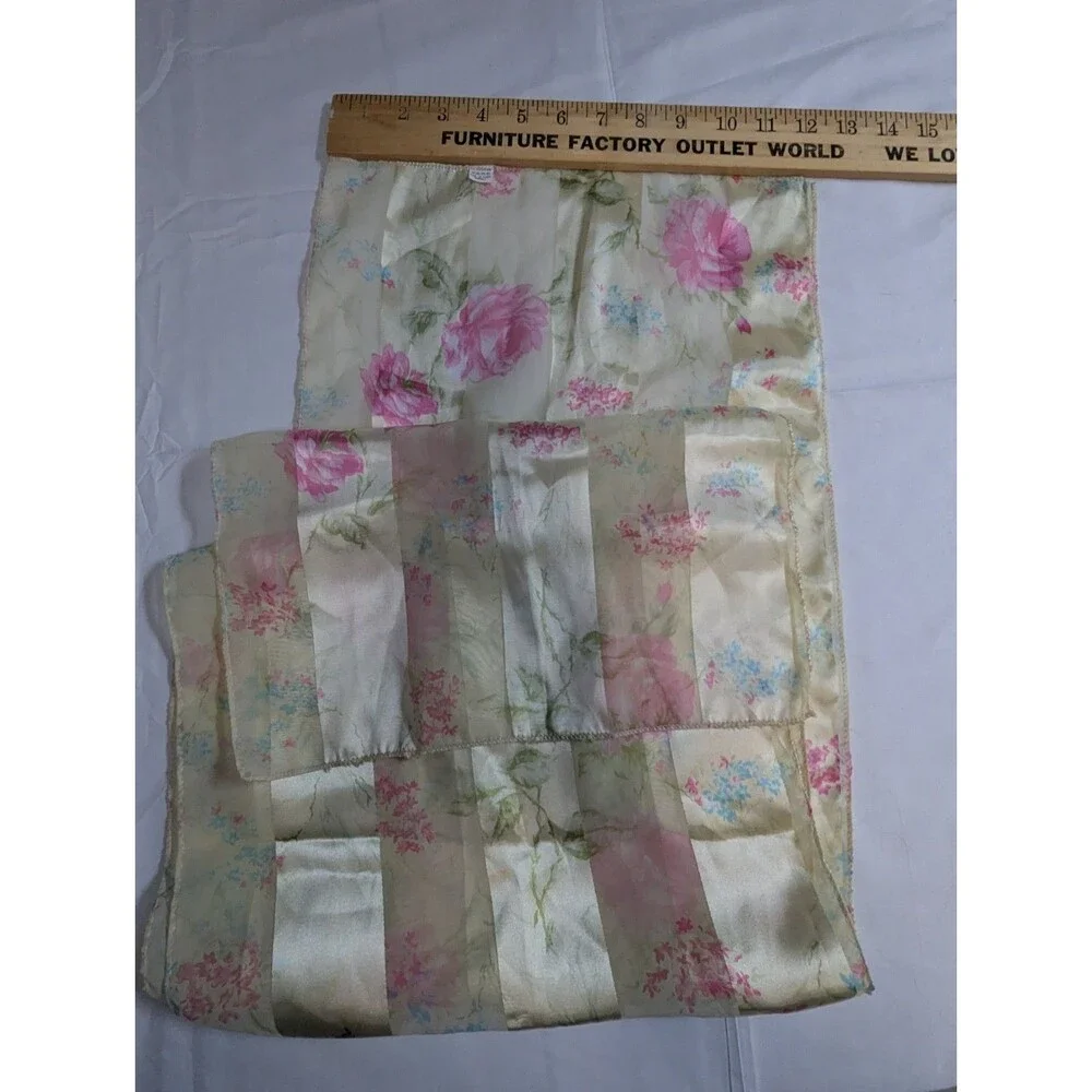 Vintage 80s Floral Satin Stripe Scarf Pink Roses Sheer Long Wrap Made in Korea - Picture 7 of 9